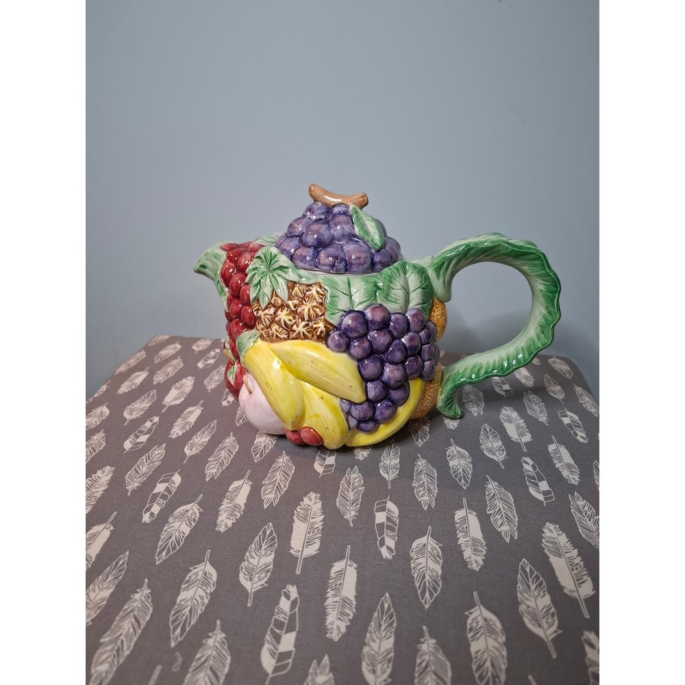 Vintage Fitz and Floyd Calypso Fruit Teapot 40oz Ceramic Grapes Watermelon